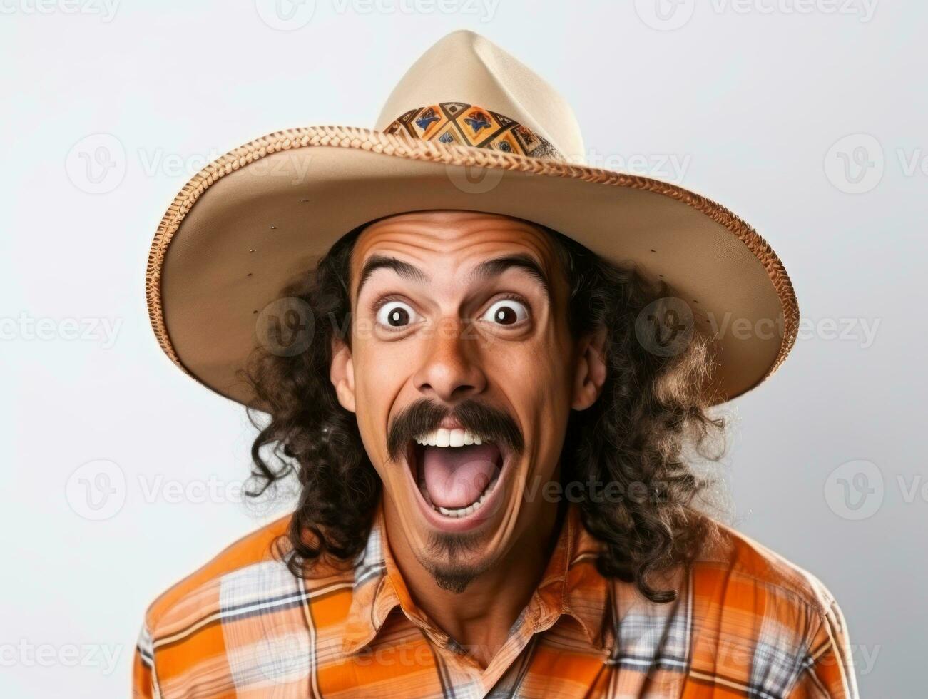 Mexican man in playful pose on white background AI Generative photo