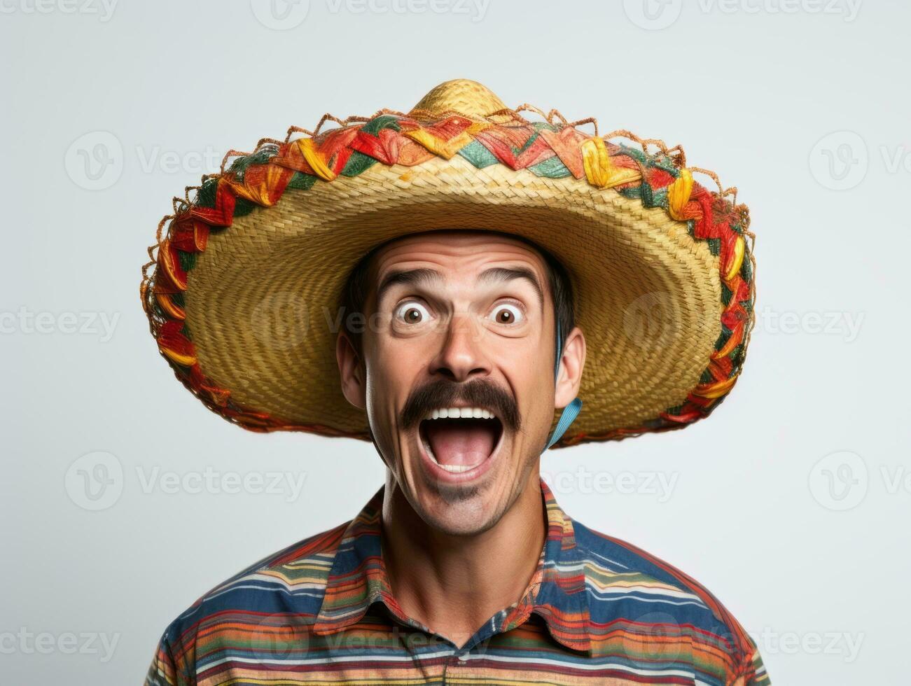 Mexican man in playful pose on white background AI Generative photo
