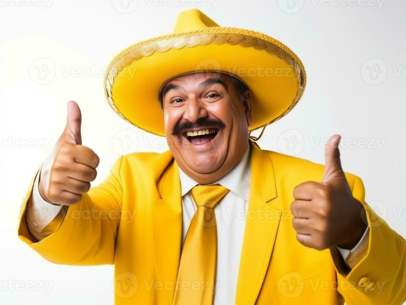 Mexican man in playful pose on white background AI Generative photo