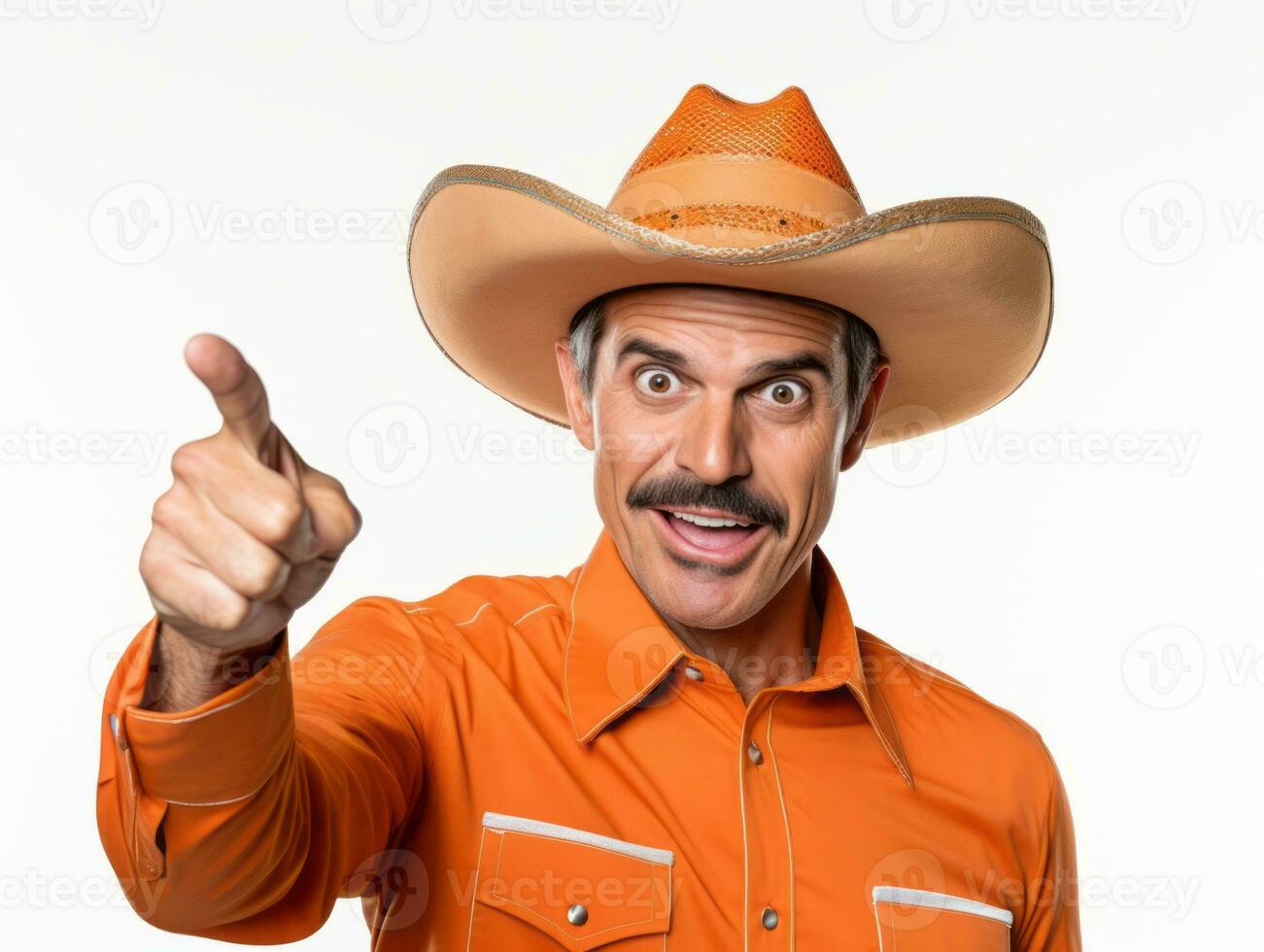 Mexican man in playful pose on white background AI Generative photo