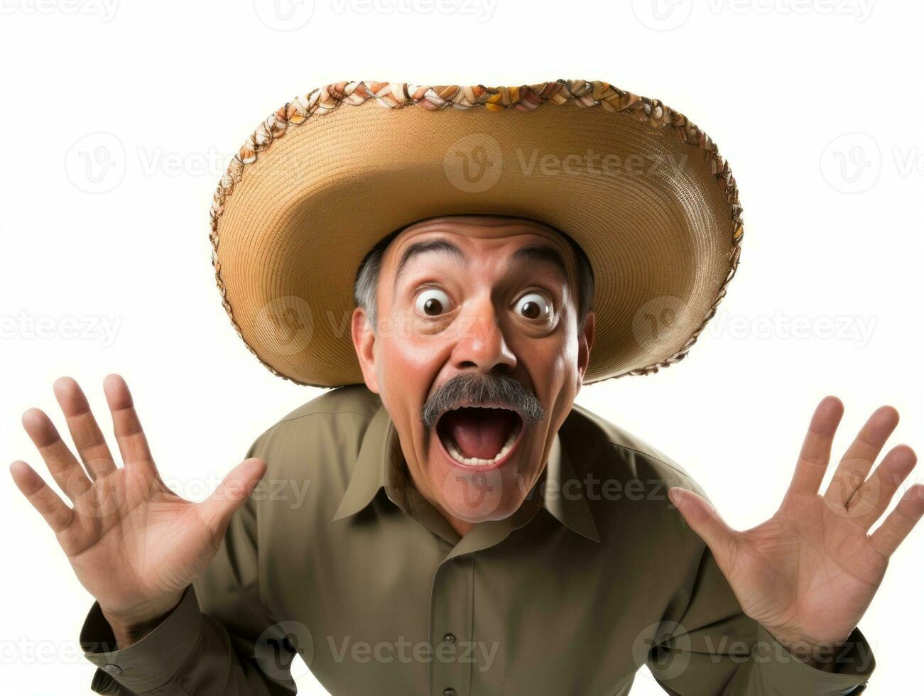 Mexican man in playful pose on white background AI Generative photo
