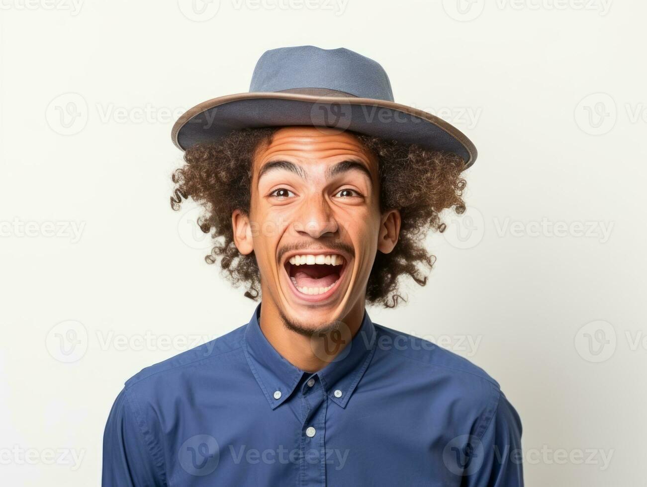 Mexican man in playful pose on white background AI Generative photo