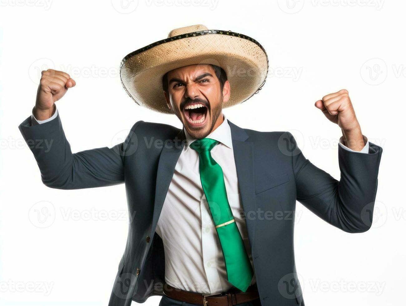 Mexican man in playful pose on white background AI Generative photo