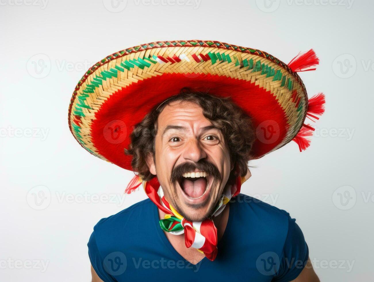 Mexican man in playful pose on white background AI Generative photo