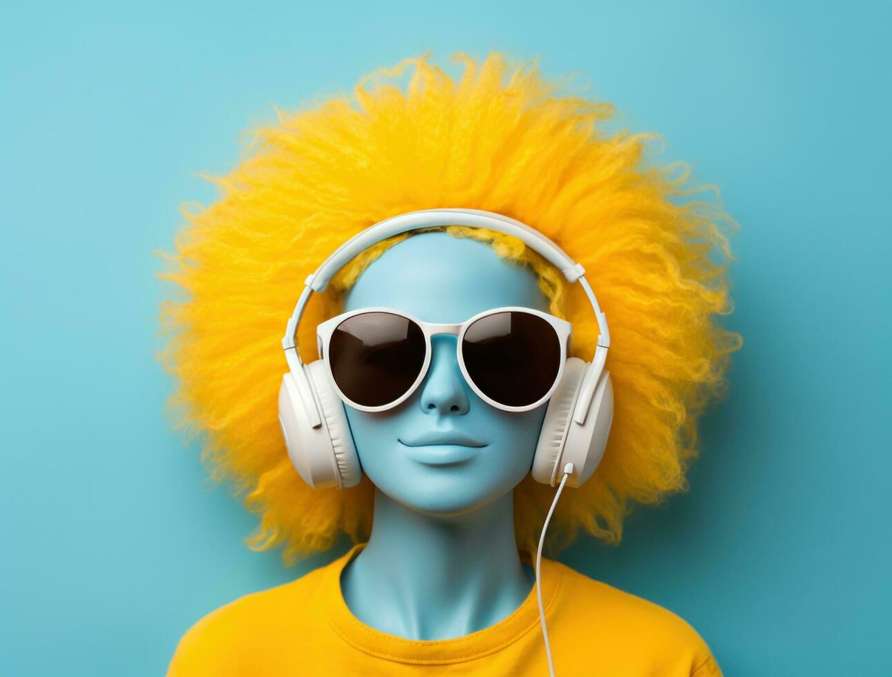 un joven dama posando con auriculares en azul antecedentes foto