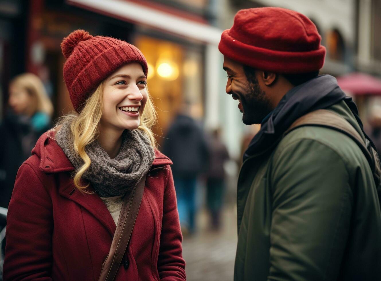 a couple holding hands while laughing and sharing a hat or beanie in winter city photo