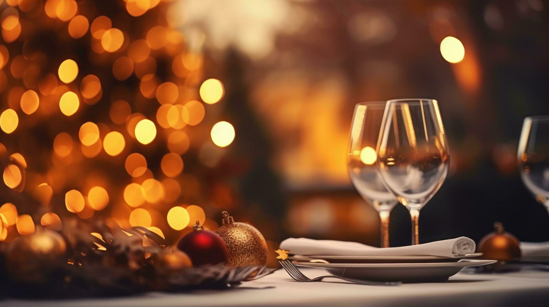 christmas dinner holiday background with blurred christmas tree