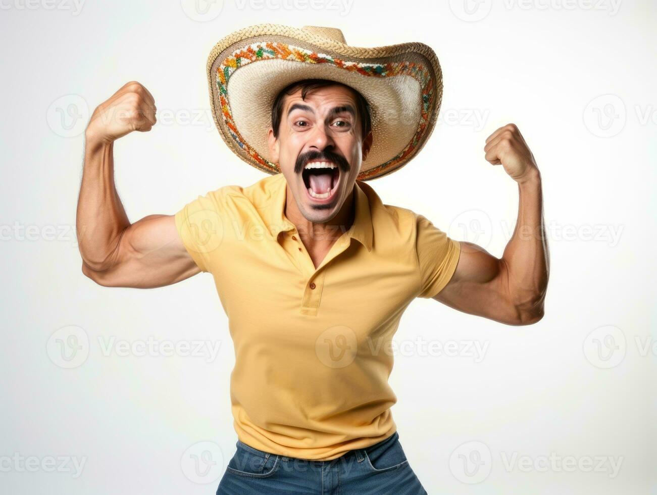 Mexican man in playful pose on white background AI Generative photo