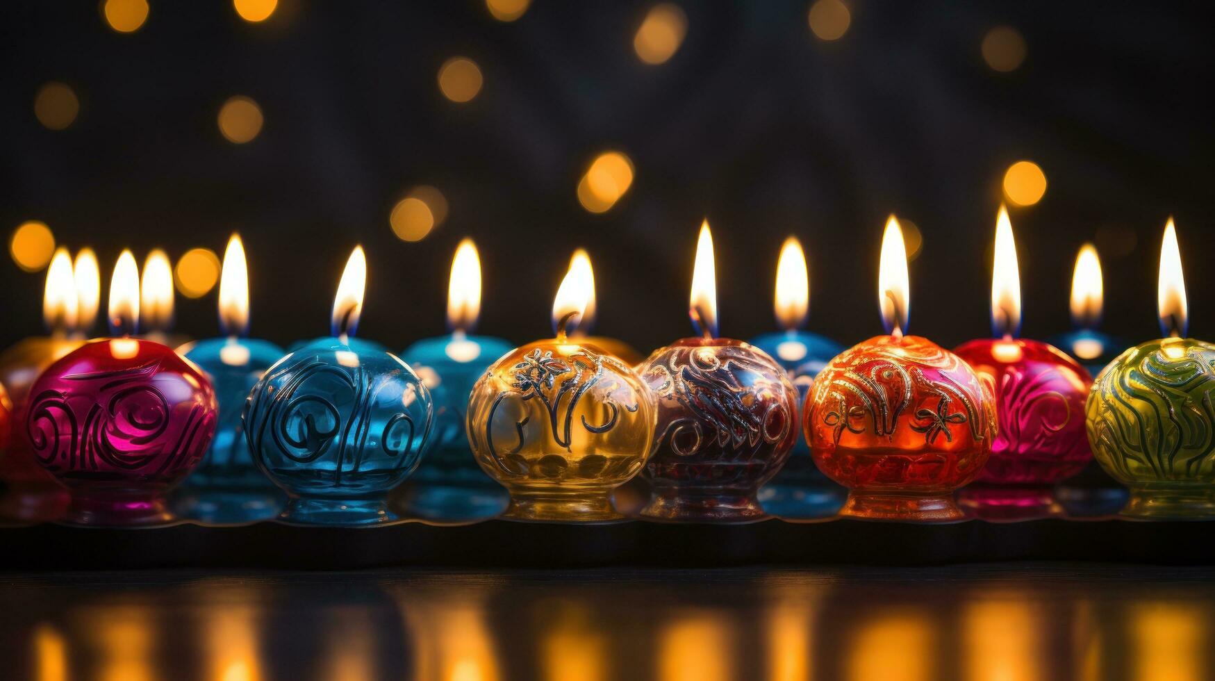 Menorah with colorful candles against dark background photo