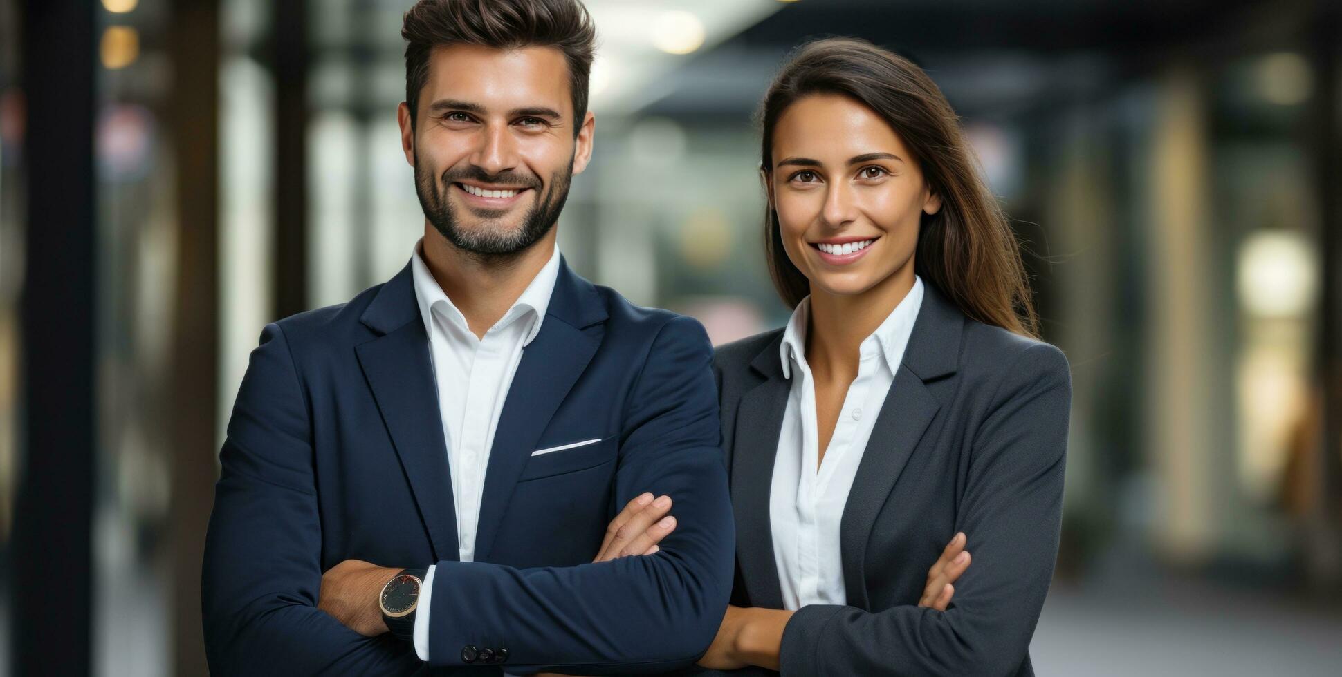 un atractivo negocio Pareja en negocio trajes en pie sonriente y posando para el cámara foto