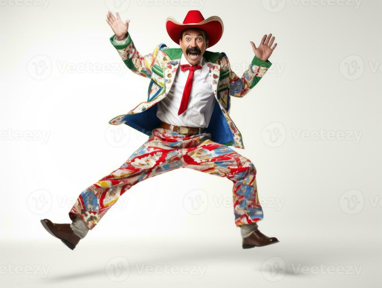 Mexican man in playful pose on white background AI Generative photo