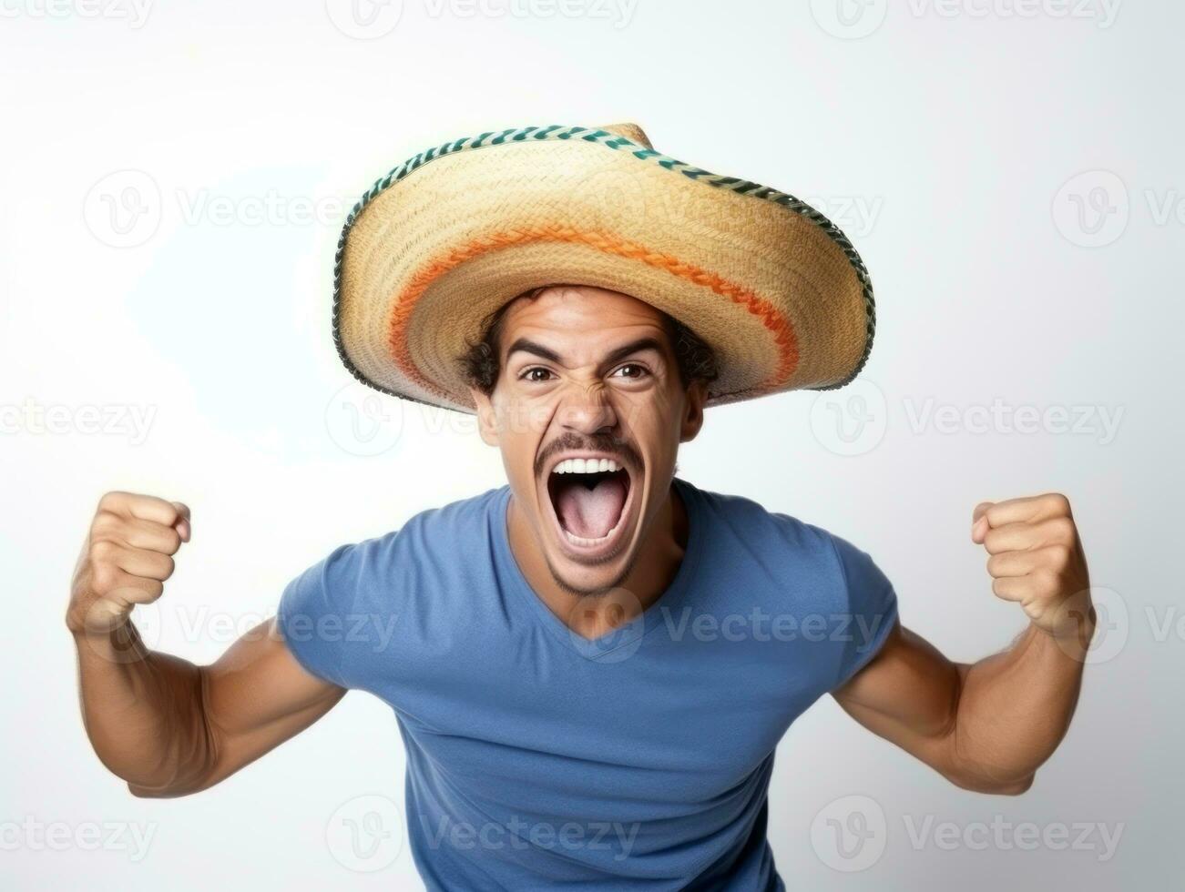 Mexican man in playful pose on white background AI Generative photo