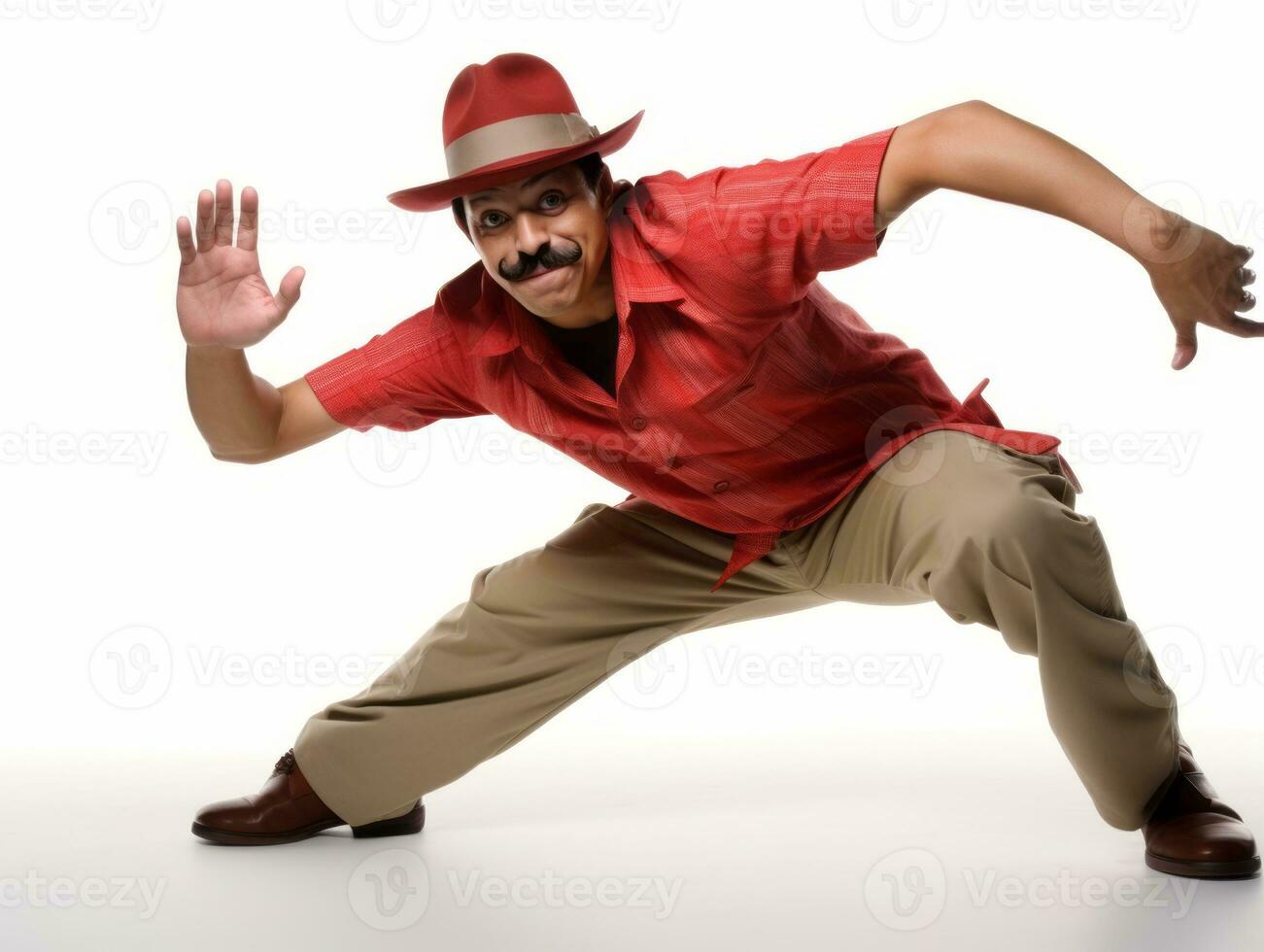 Mexican man in playful pose on white background AI Generative photo