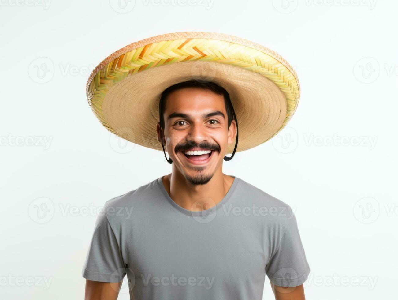 Mexican man in playful pose on white background AI Generative photo