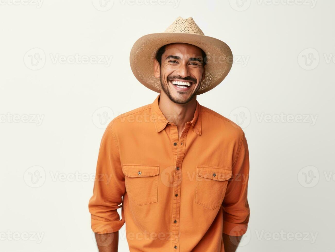 Mexican man in playful pose on white background AI Generative photo