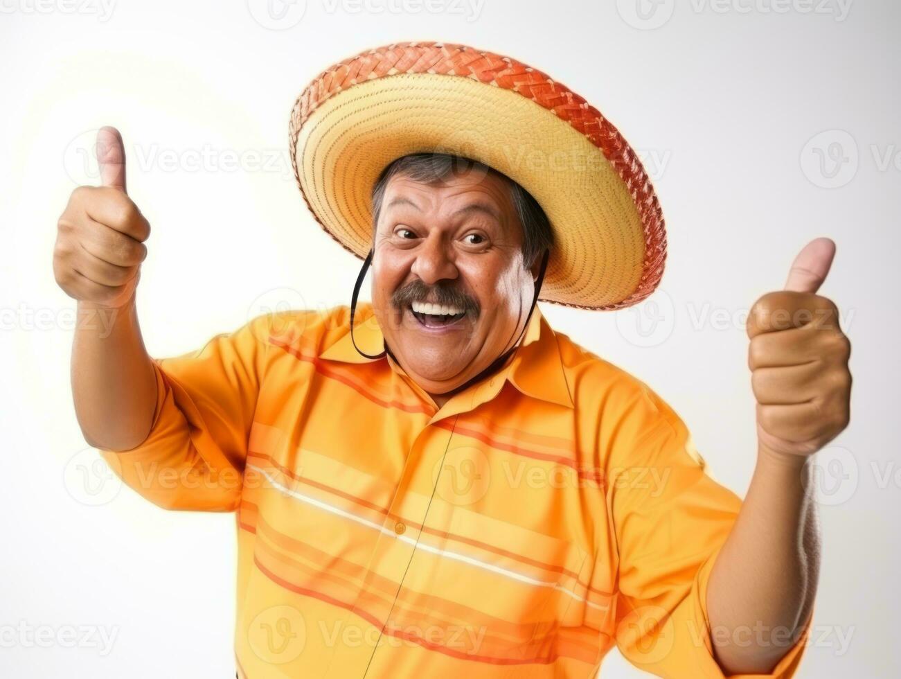 Mexican man in playful pose on white background AI Generative photo