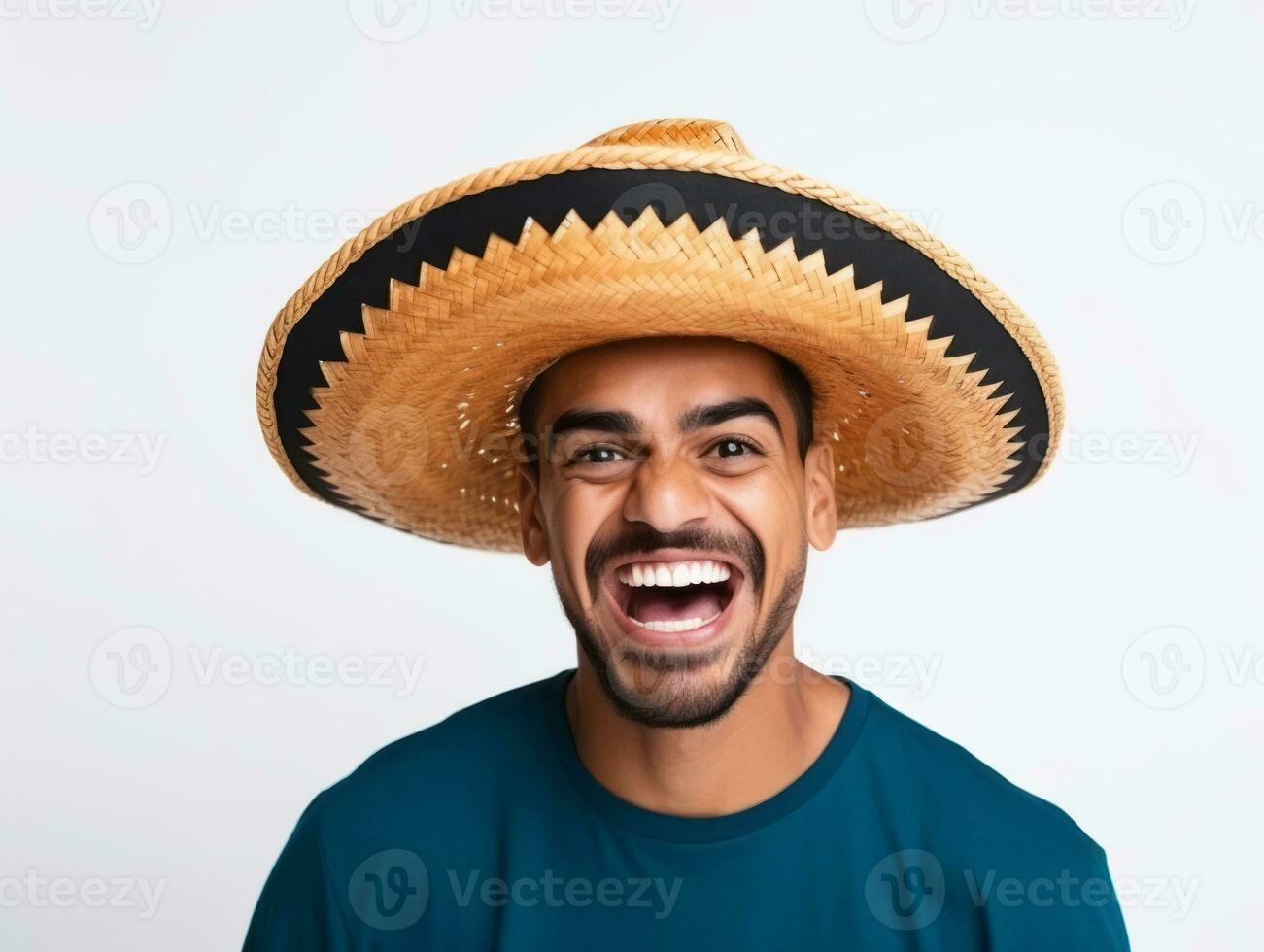 Mexican man in playful pose on white background AI Generative photo