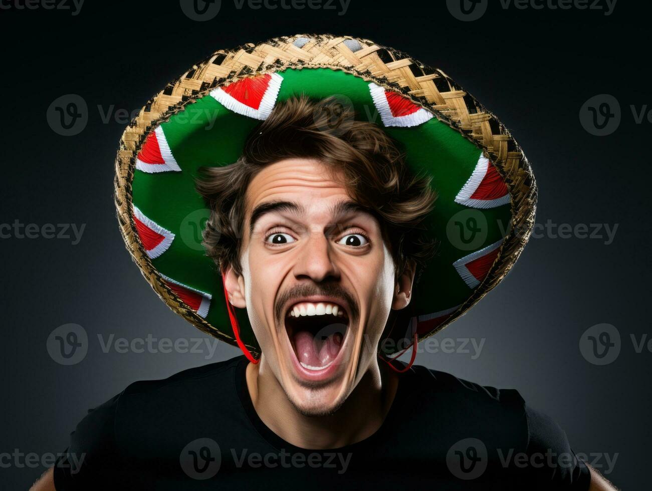 Mexican man in playful pose on white background AI Generative photo