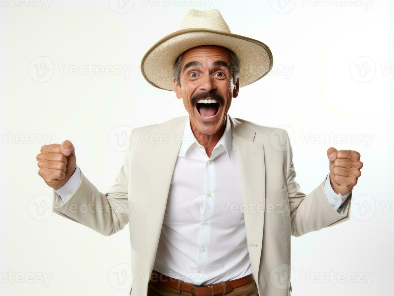 Mexican man in playful pose on white background AI Generative photo