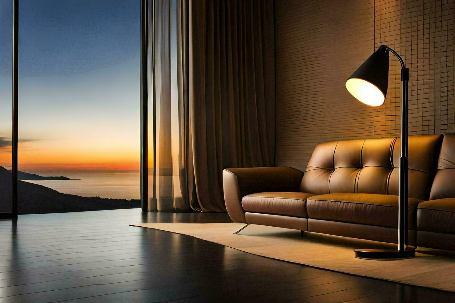 a modern living room with a couch and a lamp. AI-Generated photo