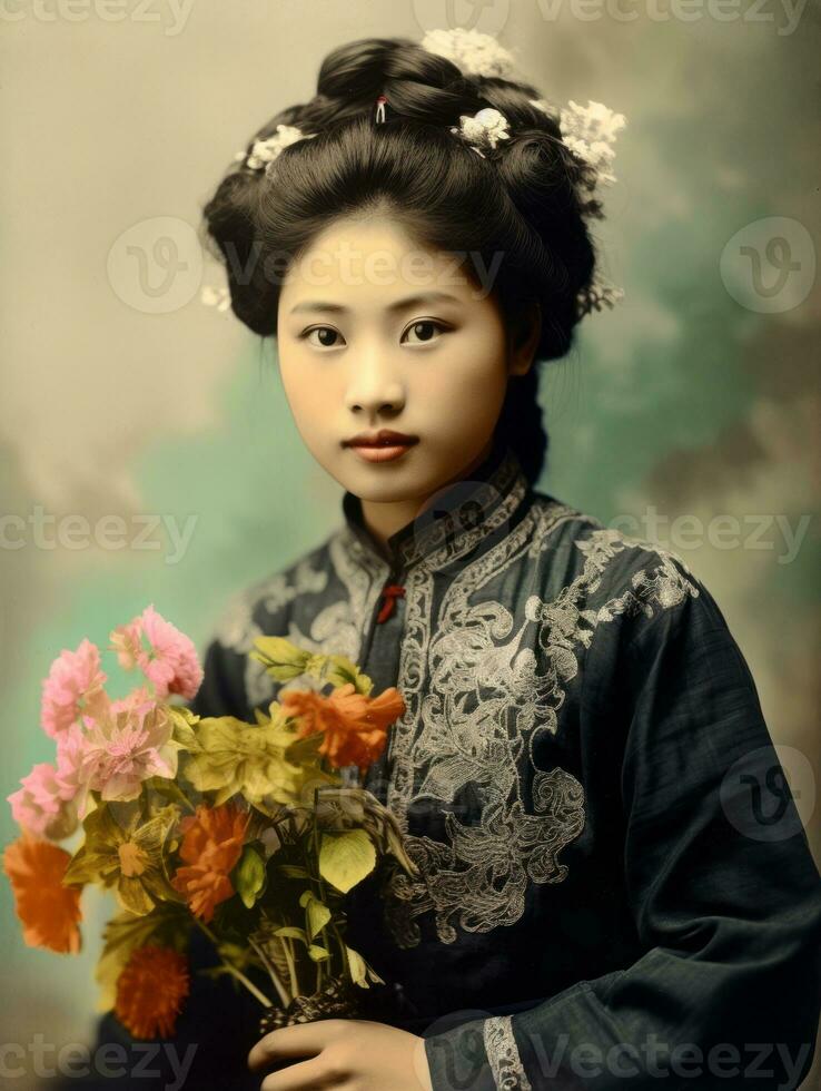Old colored photo of a asian woman from the early 1900s AI Generative