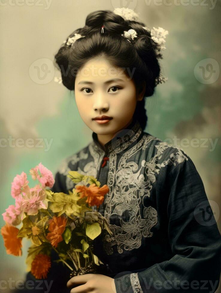 antiguo de colores foto de un asiático mujer desde el temprano 1900 ai generativo