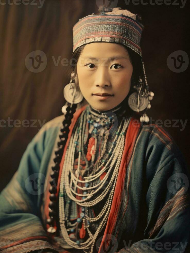 antiguo de colores foto de un asiático mujer desde el temprano 1900 ai generativo