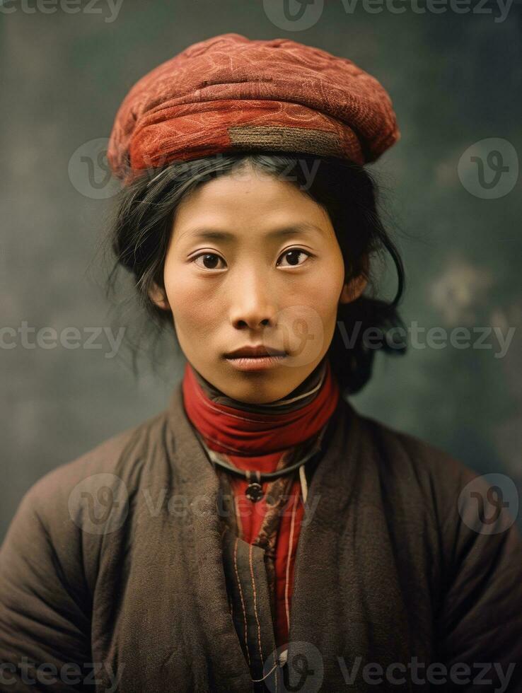 Old colored photo of a asian woman from the early 1900s AI Generative