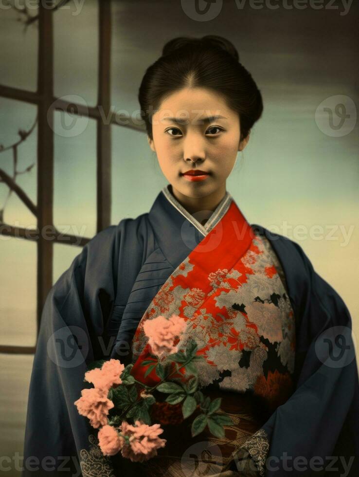 Old colored photo of a asian woman from the early 1900s AI Generative