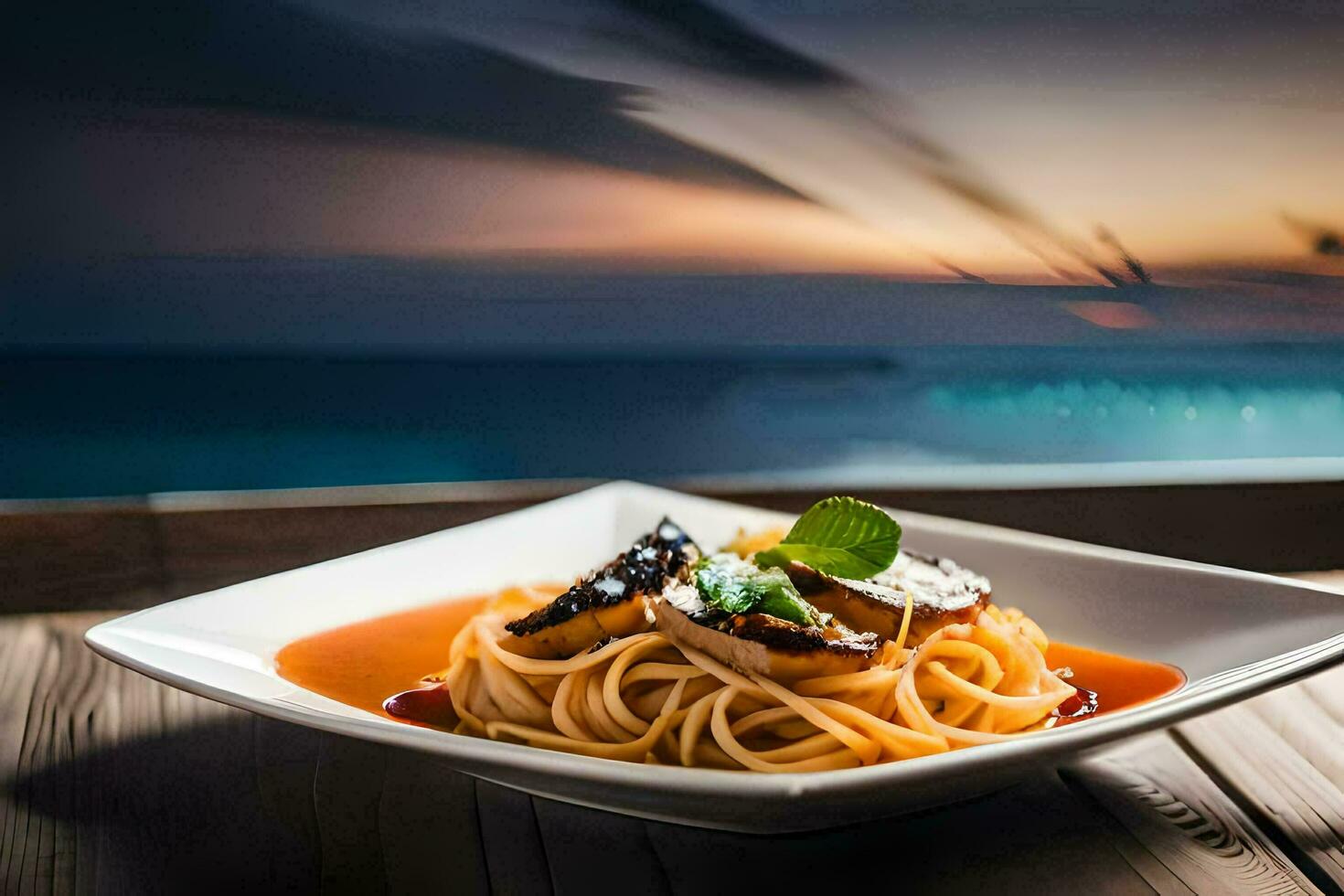 spaghetti with mushrooms and tomato sauce on a plate. AI-Generated photo