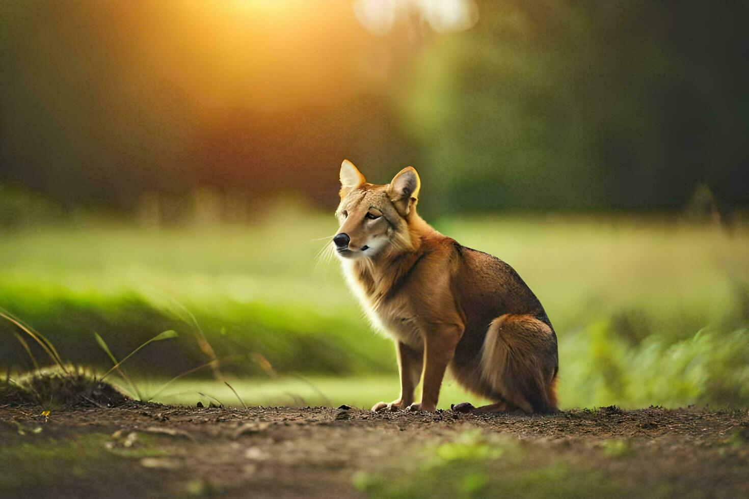 a dog sitting on the ground in the sun. AI-Generated photo