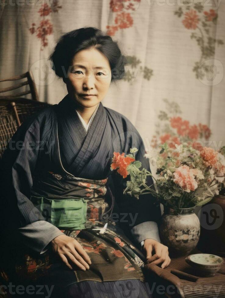 Old colored photo of a asian woman from the early 1900s AI Generative