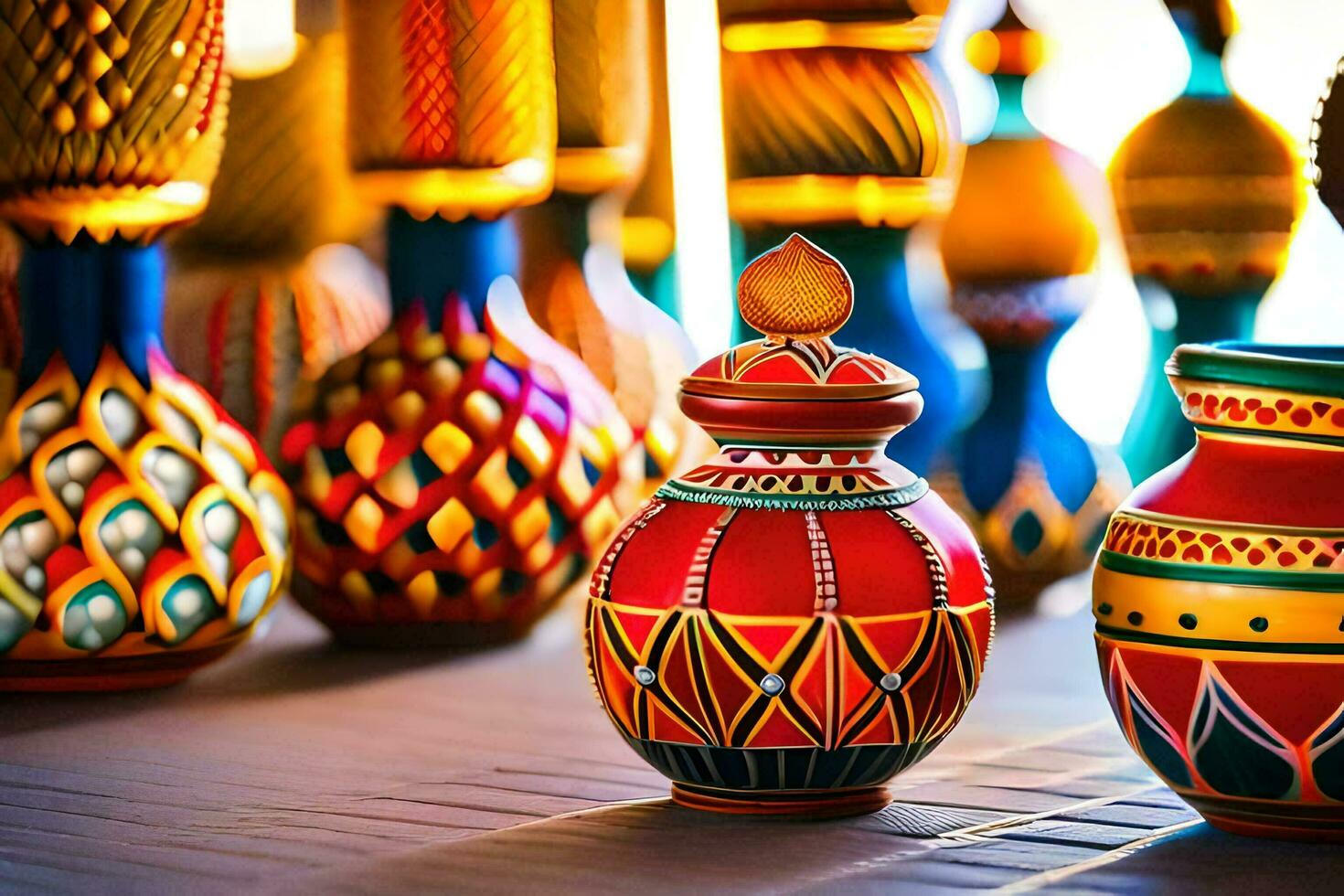 colorful vases are lined up on a table. AI-Generated photo