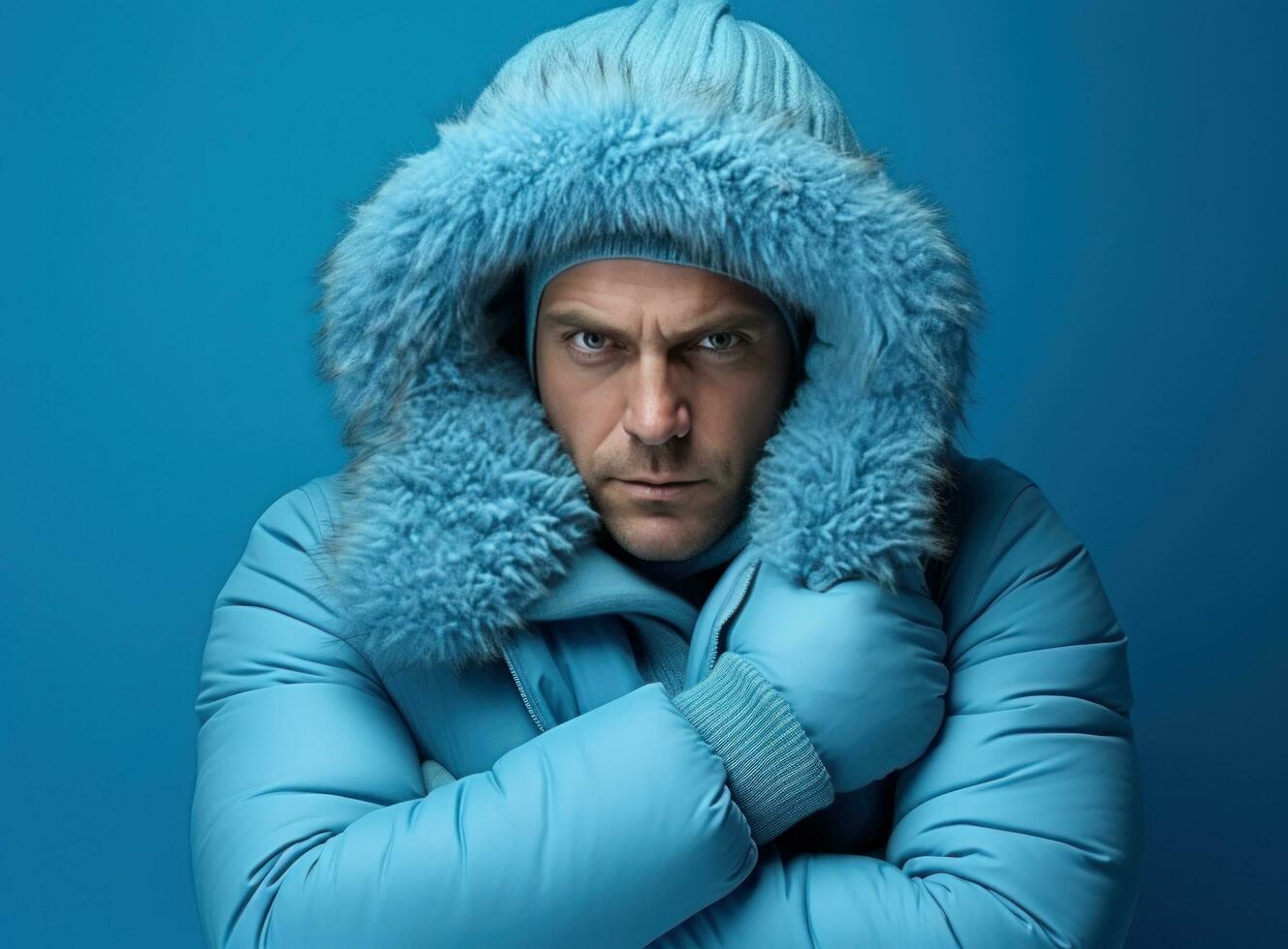 cold and angry winter man hugging against a blue background photo