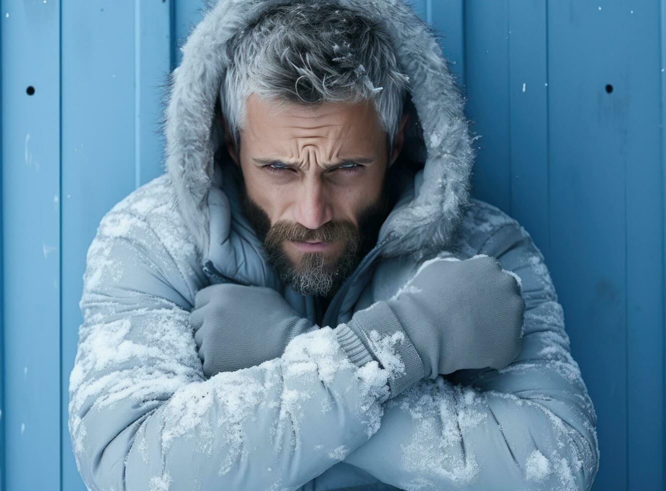 cold and angry winter man hugging against a blue background photo