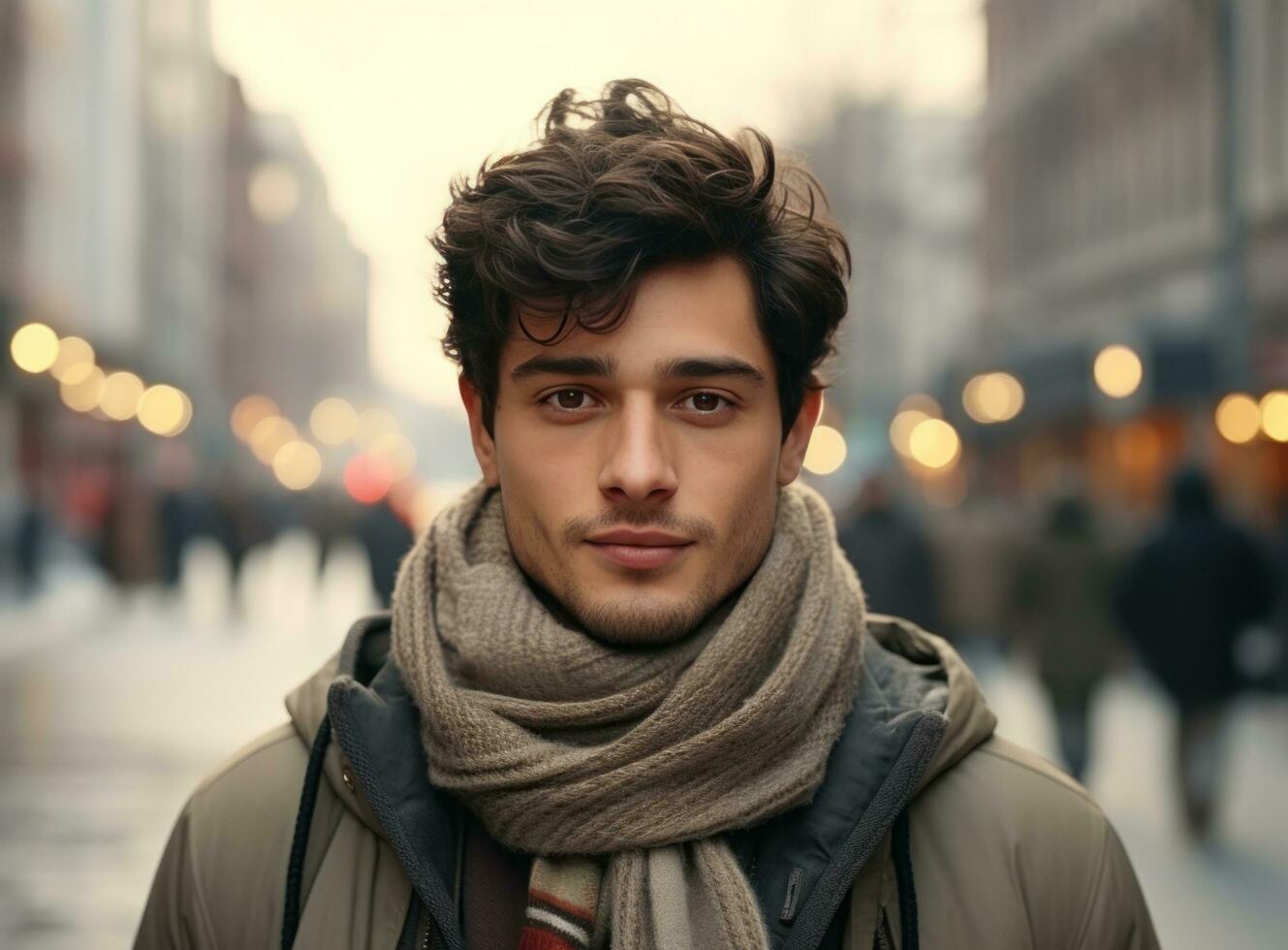young man in winter and scarves on blue background with snow falling from the sky photo