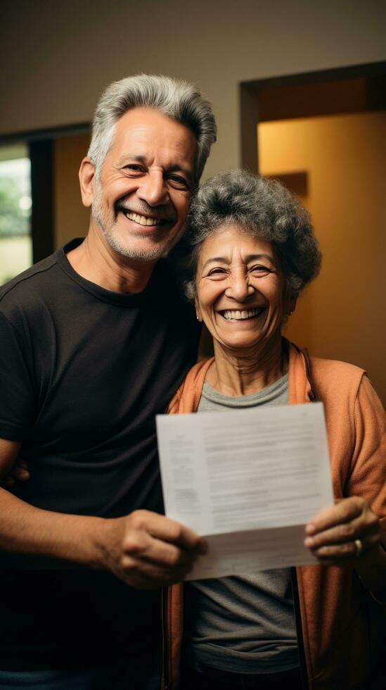a couple holding up a house key document photo
