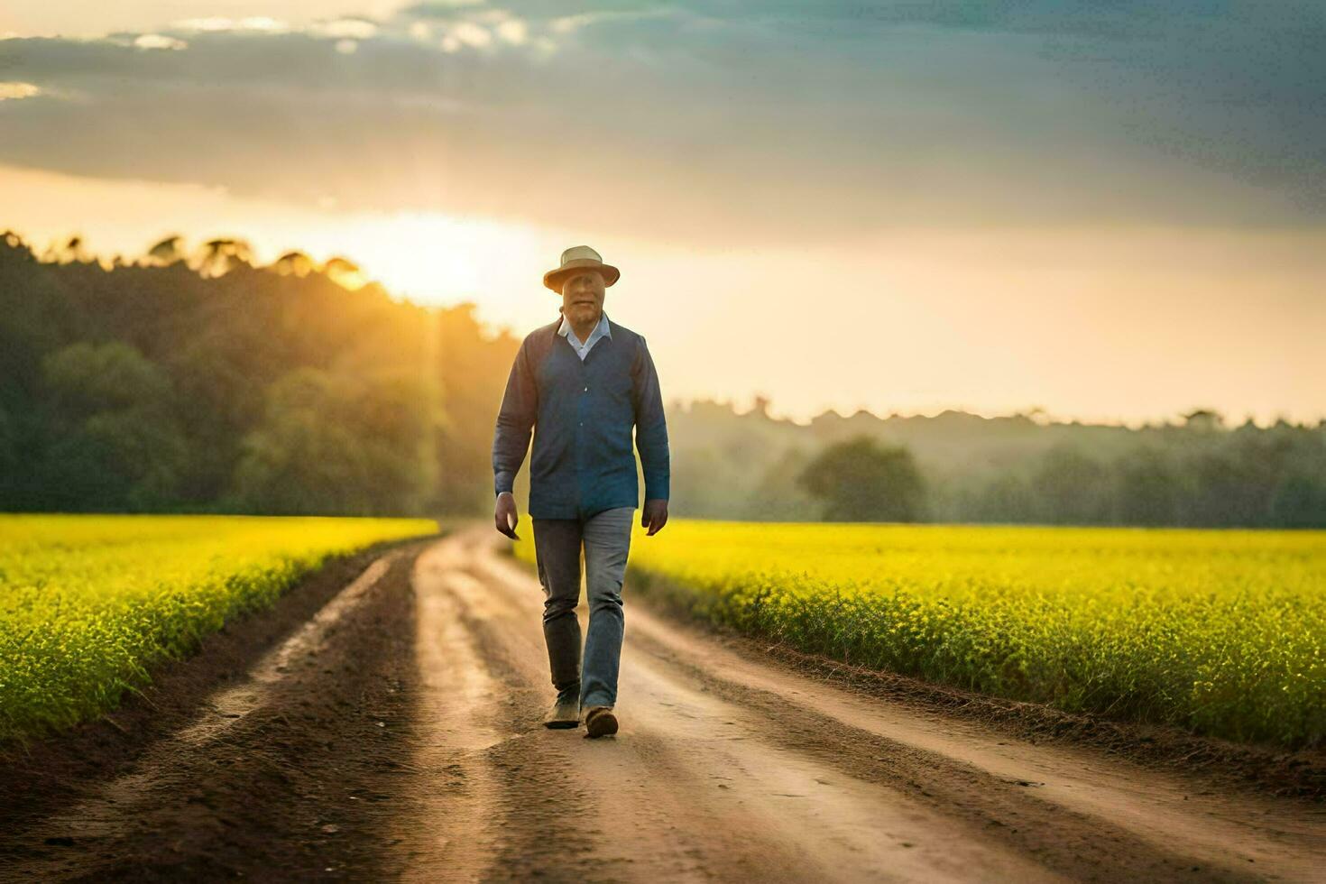 a man in a hat walks down a dirt road. AI-Generated photo