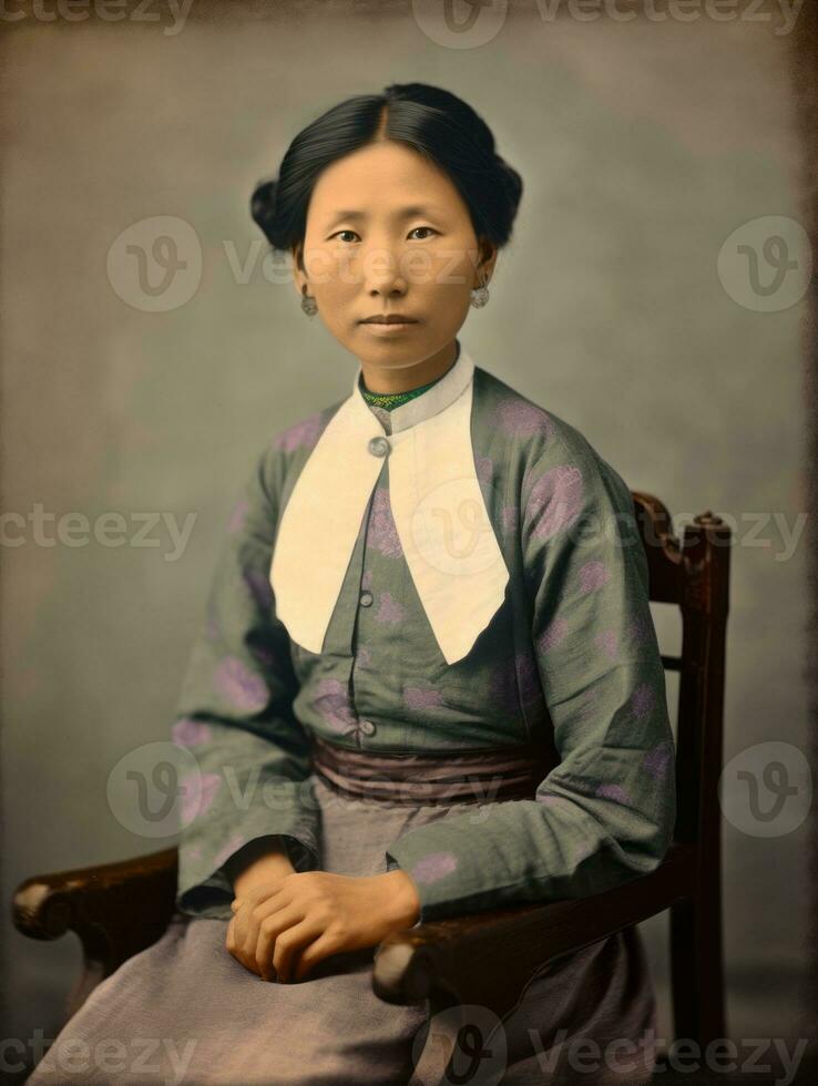 antiguo de colores foto de un asiático mujer desde el temprano 1900 ai generativo