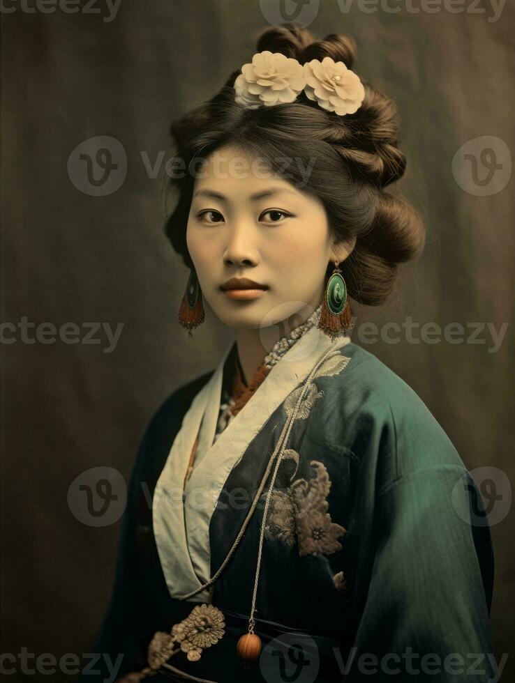 antiguo de colores foto de un asiático mujer desde el temprano 1900 ai generativo