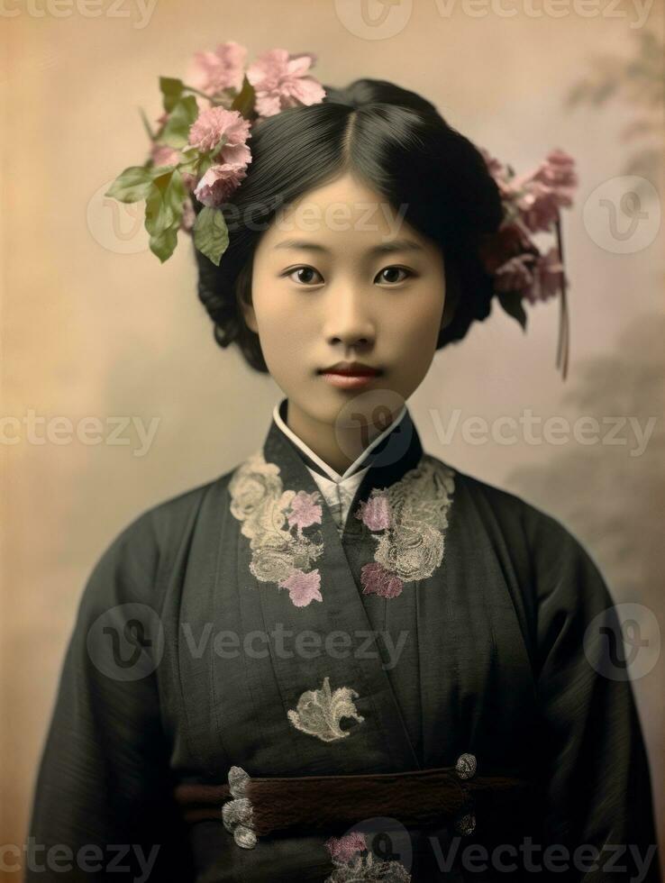 Old colored photo of a asian woman from the early 1900s AI Generative