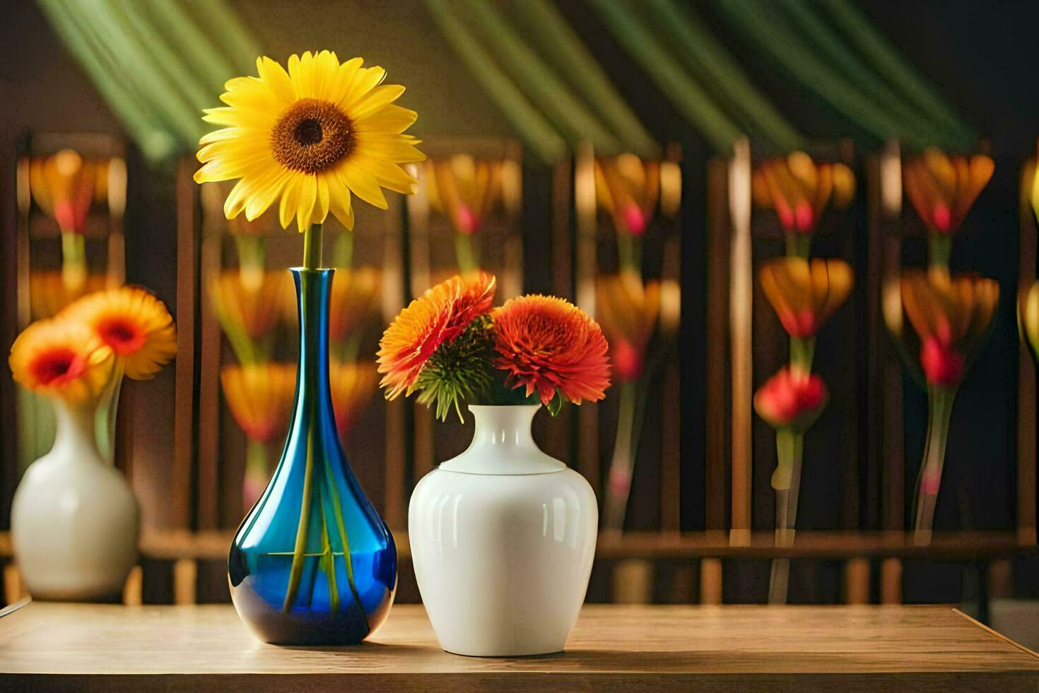 two vases with flowers on a table. AI-Generated photo