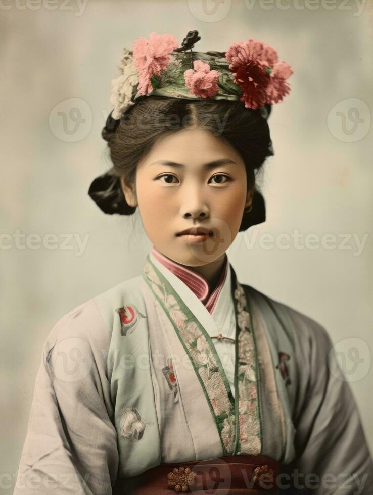 antiguo de colores foto de un asiático mujer desde el temprano 1900 ai generativo
