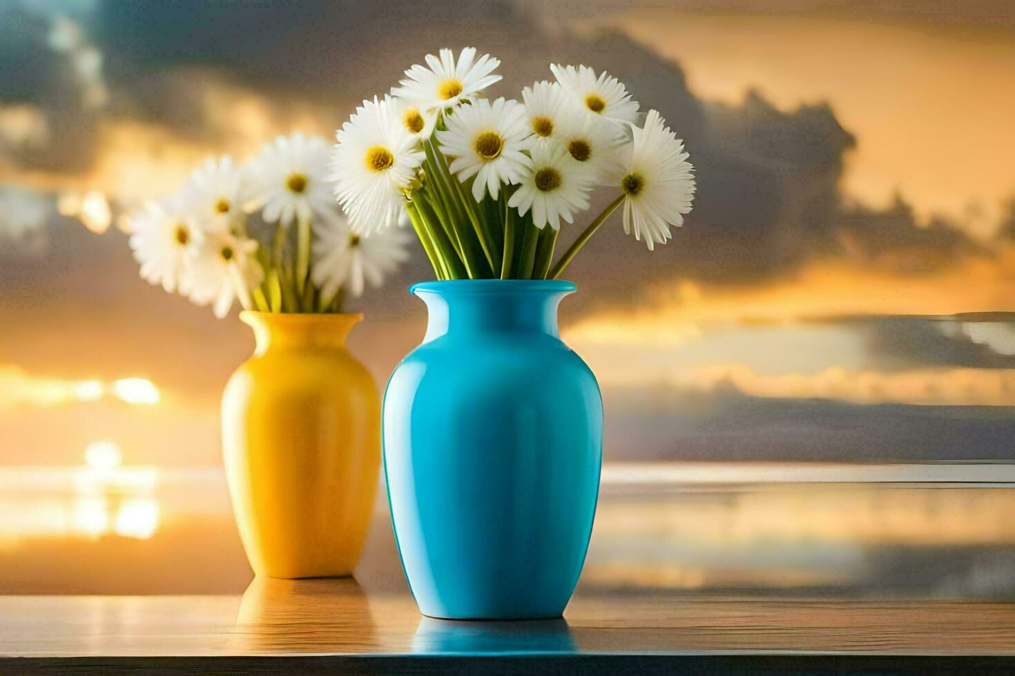 two vases with daisies on a table in front of a sunset. AI-Generated photo