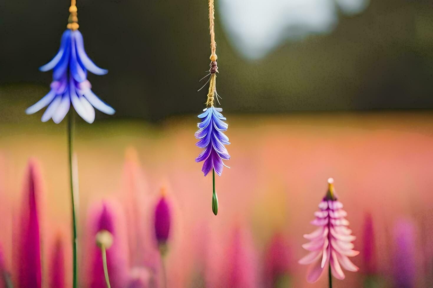 a flower hanging from a string in a field. AI-Generated photo