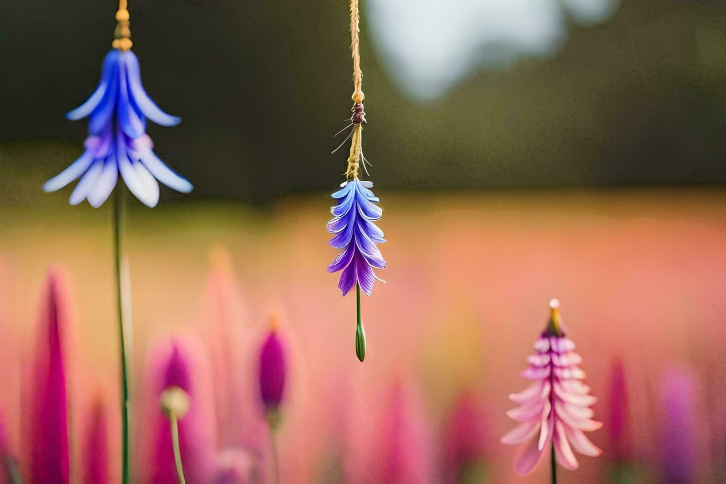 un flor colgando desde un cuerda en un campo. generado por ai foto