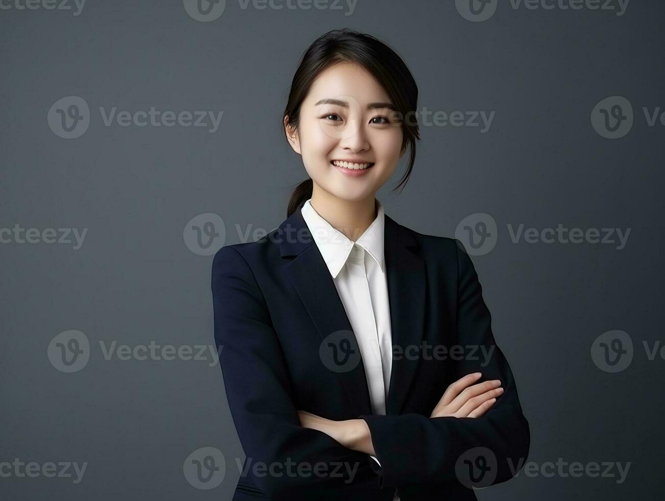 Smiling young woman of Asian descent dressed in elegant dress AI Generative photo