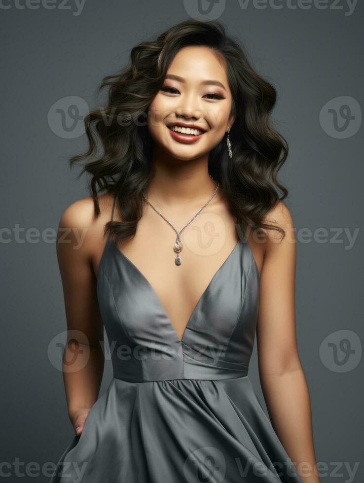 Smiling young woman of Asian descent dressed in elegant dress AI Generative photo