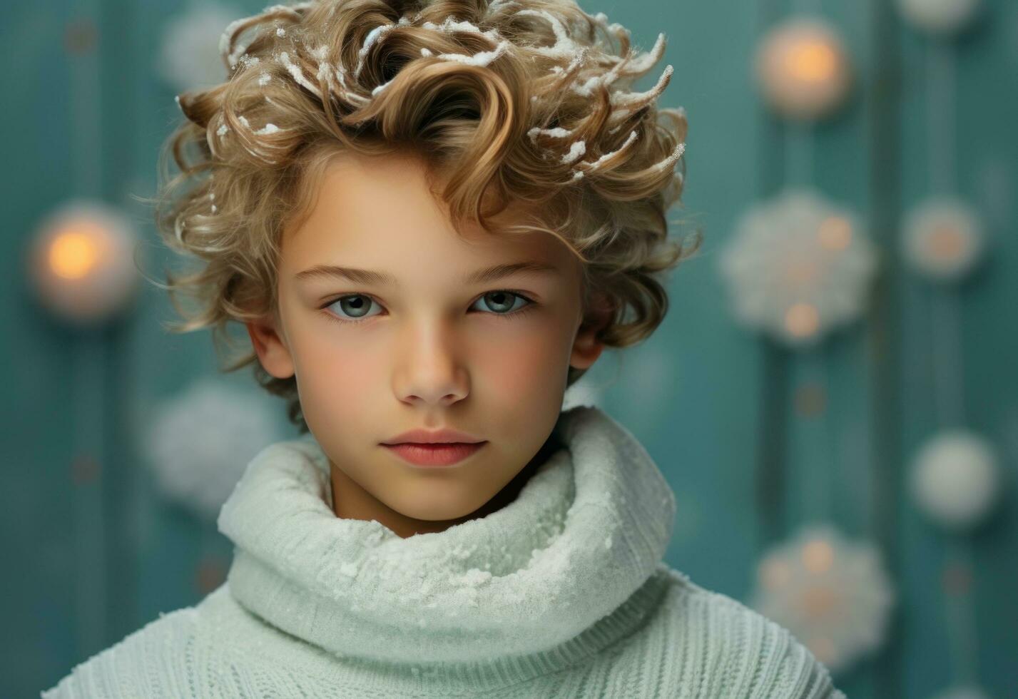 a little boy wearing an orange hat in front of blue background making snowflakes photo