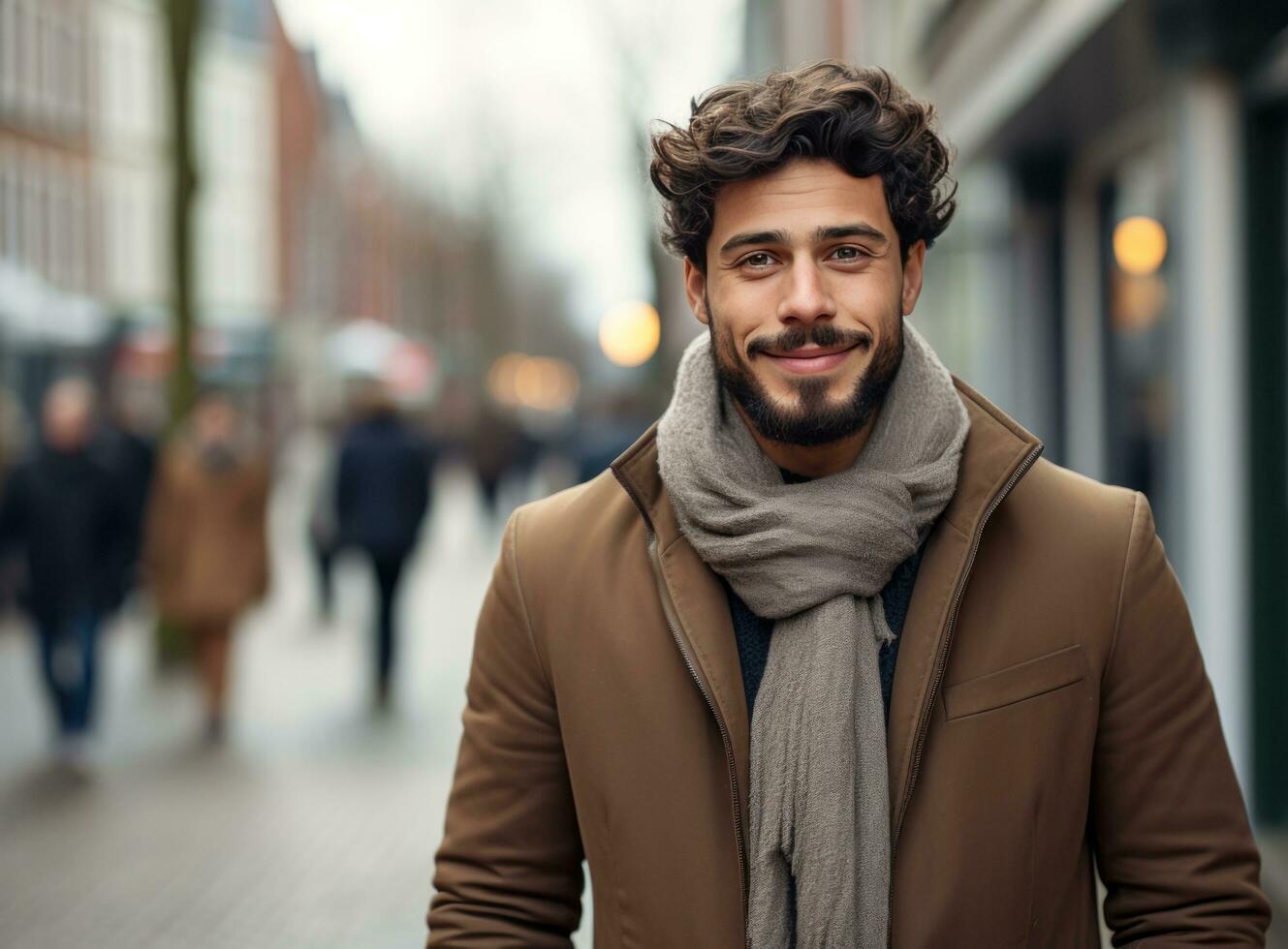 young man in winter and scarves on blue background with snow falling from the sky photo